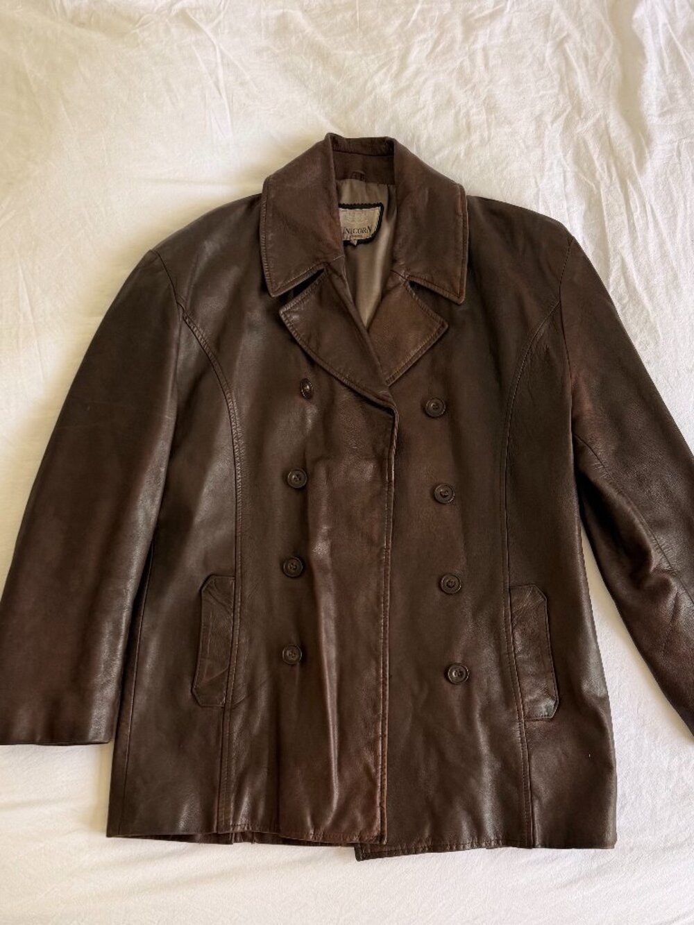 Unicorn London Chocolate Brown Leather Double-Breasted Coat Size Small